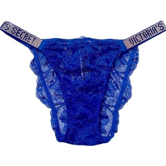 Victorias Secret Crystals Rhinestone Shine Strap Bikini Lace Panty blue Oar Lace - Picture 4 of 9